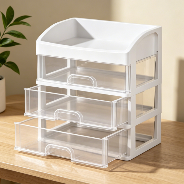 Cosmetics Organizer with 3 Drawers | White Beauty Display Cabinet | Vanity Storage Box