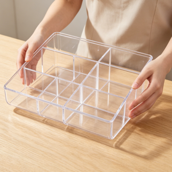 6-Compartment Clear Plastic Makeup Organizer | Dedicated Slots for Brushes & Eyeshadow Palettes | Curved Front Design