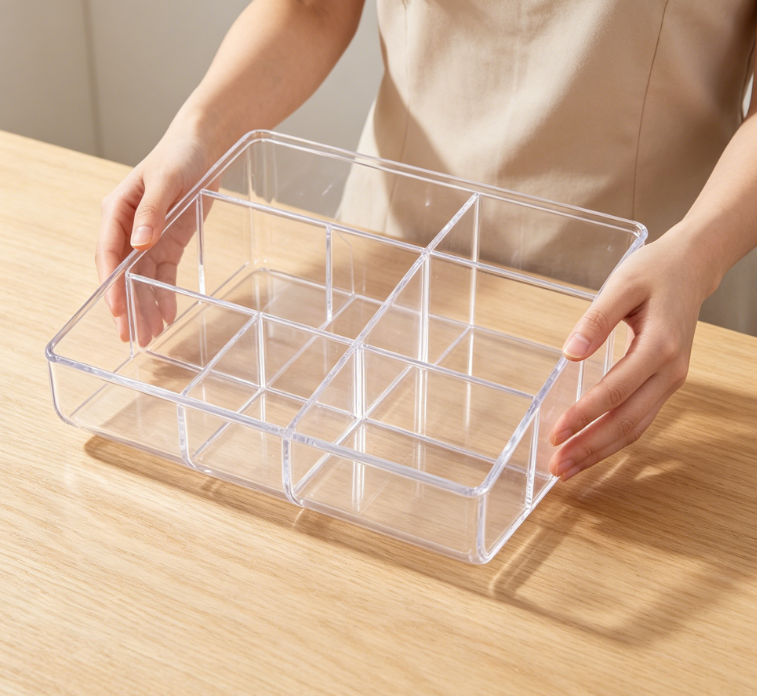 6-Compartment Clear Plastic Makeup Organizer | Dedicated Slots for Brushes & Eyeshadow Palettes | Curved Front Design