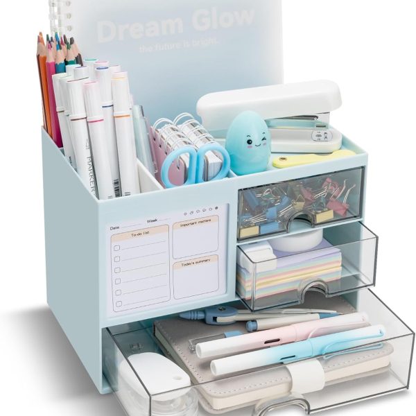 Desktop Organizer | Blue | Includes 3 Drawers + 8 Dividers | Pen Holder (For Office, Home, & Art Supplies)