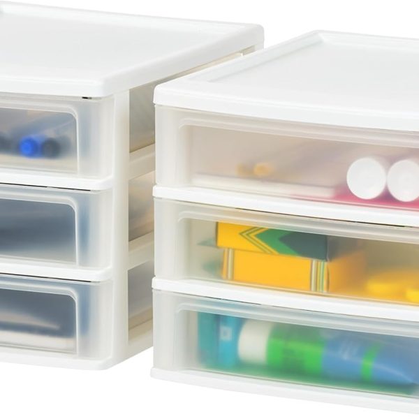 Stackable 3-Tier Plastic Drawer Storage Cabinet | Set of 2 (Medium, White) | Organizer for Stationery, Crafts, and Office Supplies
