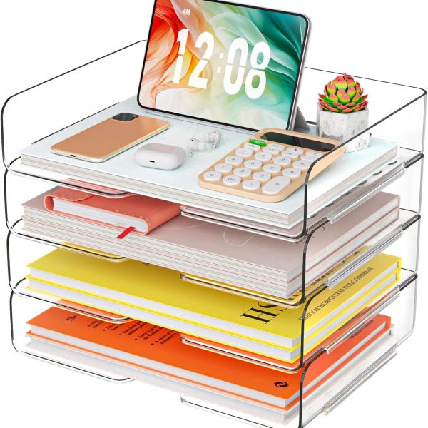 4-Tier Acrylic Paper Storage Rack | Stackable Transparent File Organizer | Storage for Letters, A4 Paper, Books, and Notebooks