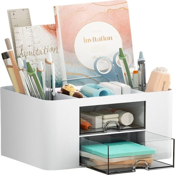 Dual-Drawer Pen Holder Organizer | White Plastic | 5 Pen Compartments + 1 Drawer | Desktop Organization for Office & School