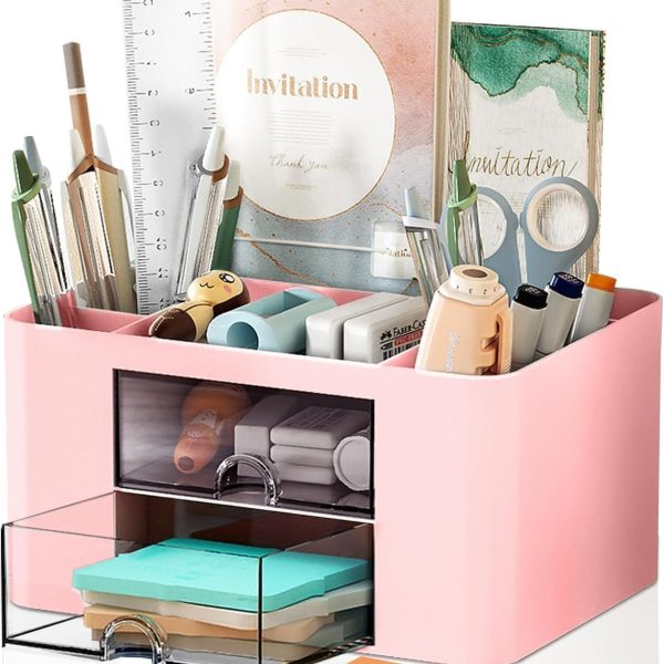 Stationery Organizer | Pink | 7-Compartment Desktop Organizer + Drawer | Plastic Pen Holder (For School & Office)
