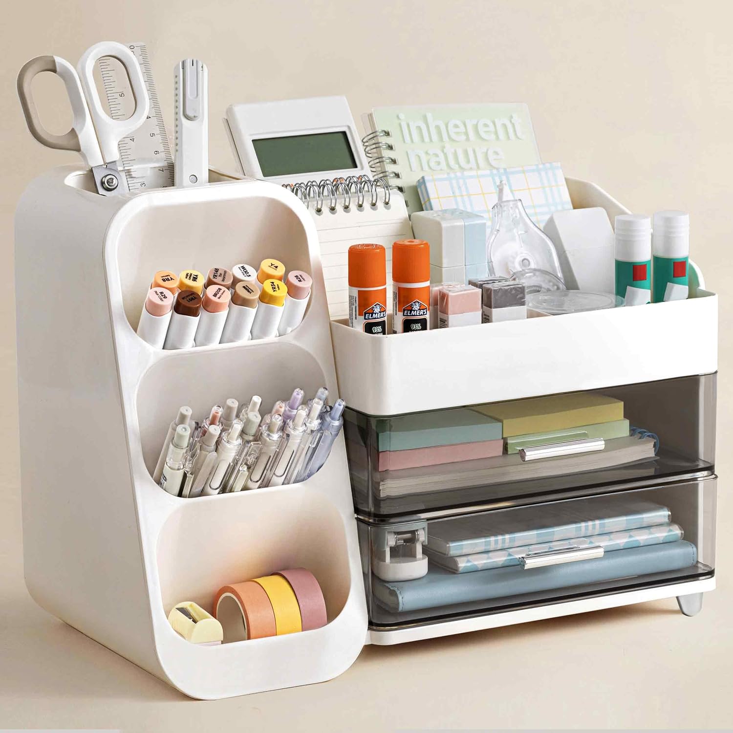 Desktop Pen Holder & Organizer | White | Features Pen Cup, 2 Drawers, & 4 Compartments | Office, School, & Art Supply Organization