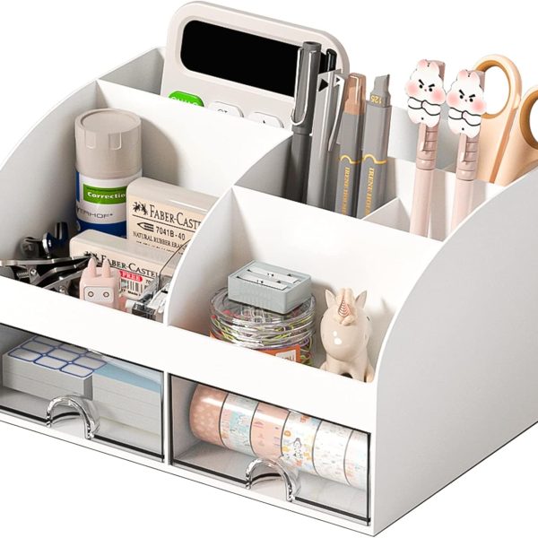 6-Compartment, 2-Drawer Desktop Organizer | White Plastic | Pen Holder + Drawers | School & Office Stationery Storage