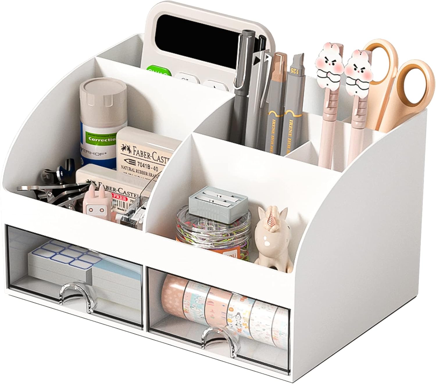 6-Compartment, 2-Drawer Desktop Organizer | White Plastic | Pen Holder + Drawers | School & Office Stationery Storage