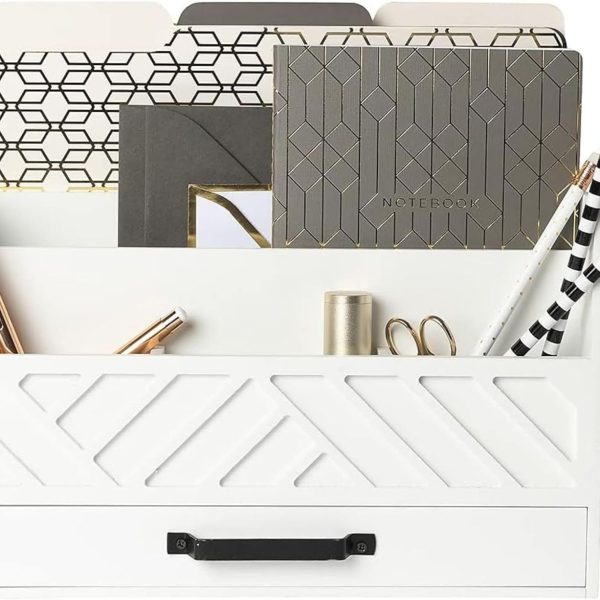 Wooden Letter Organizer with Drawer | White | 6 Compartments | Desktop Mail, Bill, and File Sorter