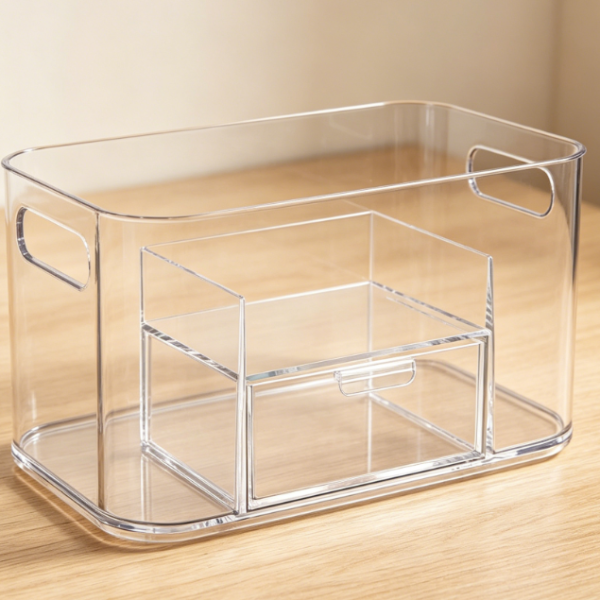 Transparent Plastic Cosmetic Organizer with 5 Compartments | Side Handles & Rounded Corner Design