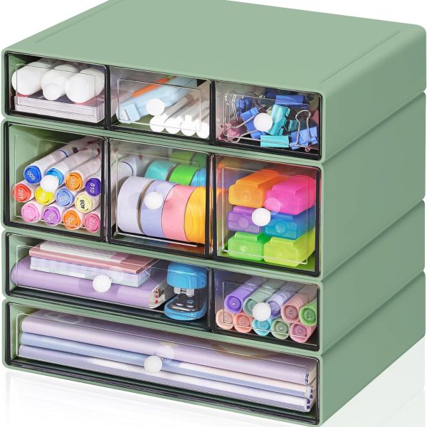 9-Drawer Desktop Organizer | Green | 4-Tier Stackable Transparent Drawers | Stationery & Office Supply Storage
