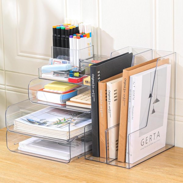 Desktop Organizer with 2 Vertical File Holders | 4-Tier Stackable | Includes 5-Slot Pen Holder | Transparent Office File Management