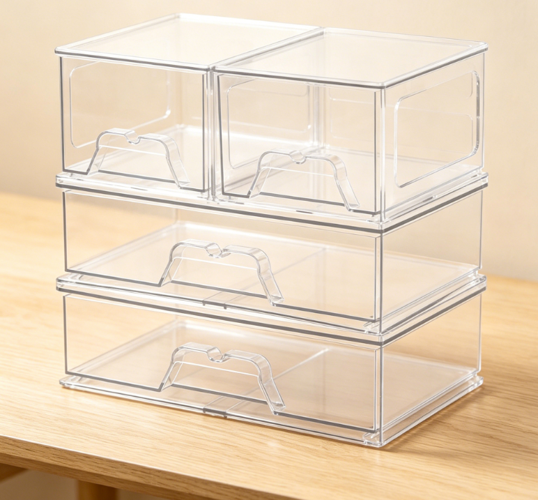 4-Piece Stackable Transparent Acrylic Storage Drawer Set | Cosmetic & Bathroom Organization | Versatile for Vanities & Cabinets