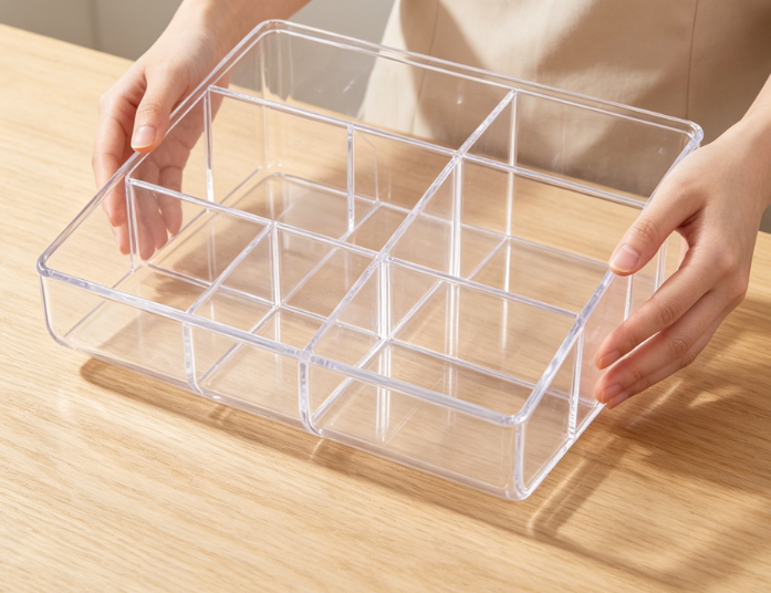 6-Compartment Clear Plastic Makeup Organizer | Dedicated Slots for Brushes & Eyeshadow Palettes | Curved Front Design - Image 2